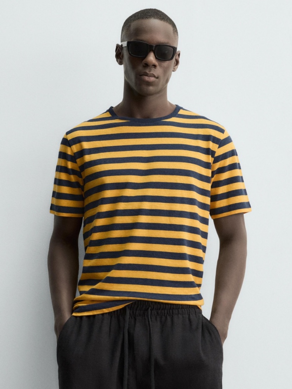 Zara Yellow and Navy Striped Short-Sleeve Crew Tee